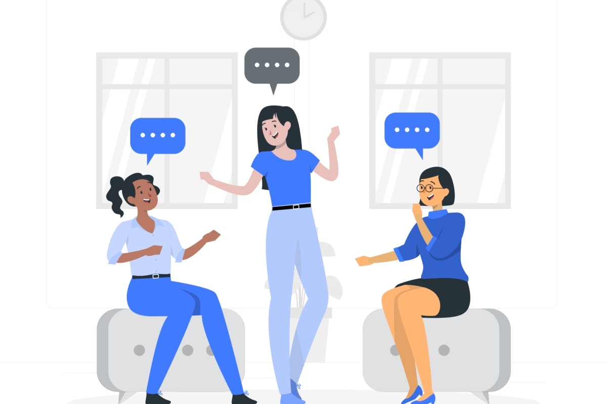 communication between 3 people with different personality using blue clothes color